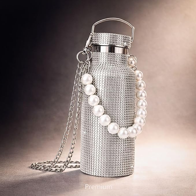 Sling Bling Water Bottle | 650ML | Stylish Insulated Bottle with Strap for Travel & Daily Use | Insulated with Silver Chain Strap & Pearl Charm | Birthday Anniversary Valentine Gift for Girlfriend Wife Sister