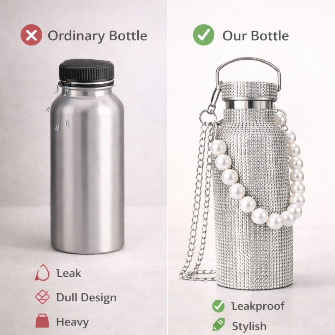 Sling Bling Water Bottle | 650ML | Stylish Insulated Bottle with Strap for Travel & Daily Use | Insulated with Silver Chain Strap & Pearl Charm | Birthday Anniversary Valentine Gift for Girlfriend Wife Sister