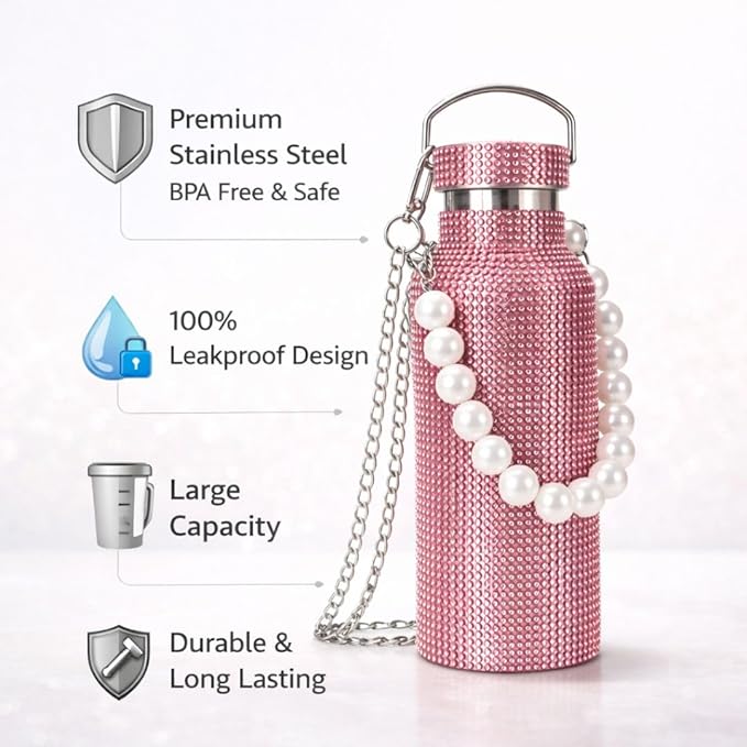 Sling Bling Water Bottle | 650ML | Stylish Insulated Bottle with Strap for Travel & Daily Use | Insulated with Silver Chain Strap & Pearl Charm | Birthday Anniversary Valentine Gift for Girlfriend Wife Sister