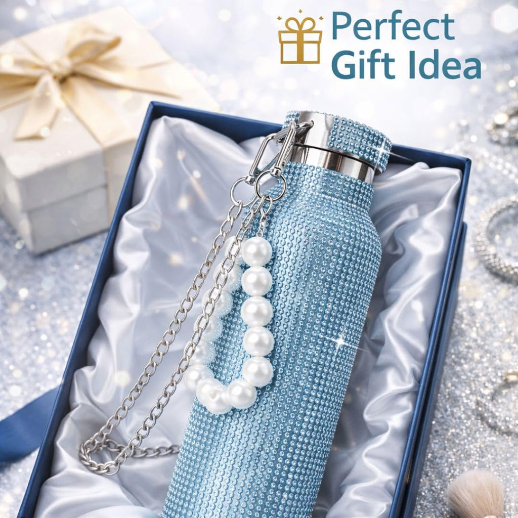 Sling Bling Water Bottle | 650ML | Stylish Insulated Bottle with Strap for Travel & Daily Use | Insulated with Silver Chain Strap & Pearl Charm | Birthday Anniversary Valentine Gift for Girlfriend Wife Sister