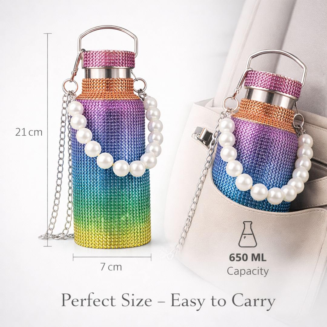 Sling Bling Water Bottle | 650ML | Stylish Insulated Bottle with Strap for Travel & Daily Use | Insulated with Silver Chain Strap & Pearl Charm | Birthday Anniversary Valentine Gift for Girlfriend Wife Sister