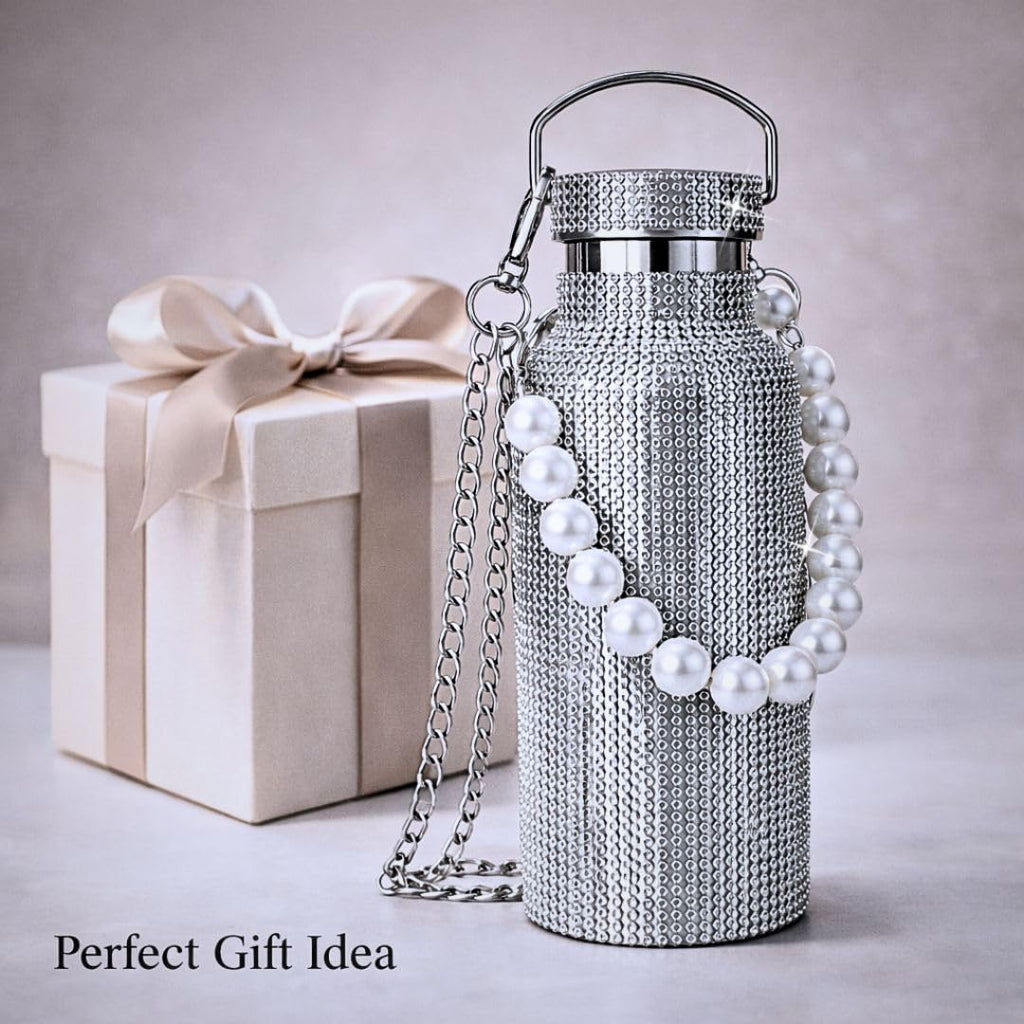 Sling Bling Water Bottle | 650ML | Stylish Insulated Bottle with Strap for Travel & Daily Use | Insulated with Silver Chain Strap & Pearl Charm | Birthday Anniversary Valentine Gift for Girlfriend Wife Sister