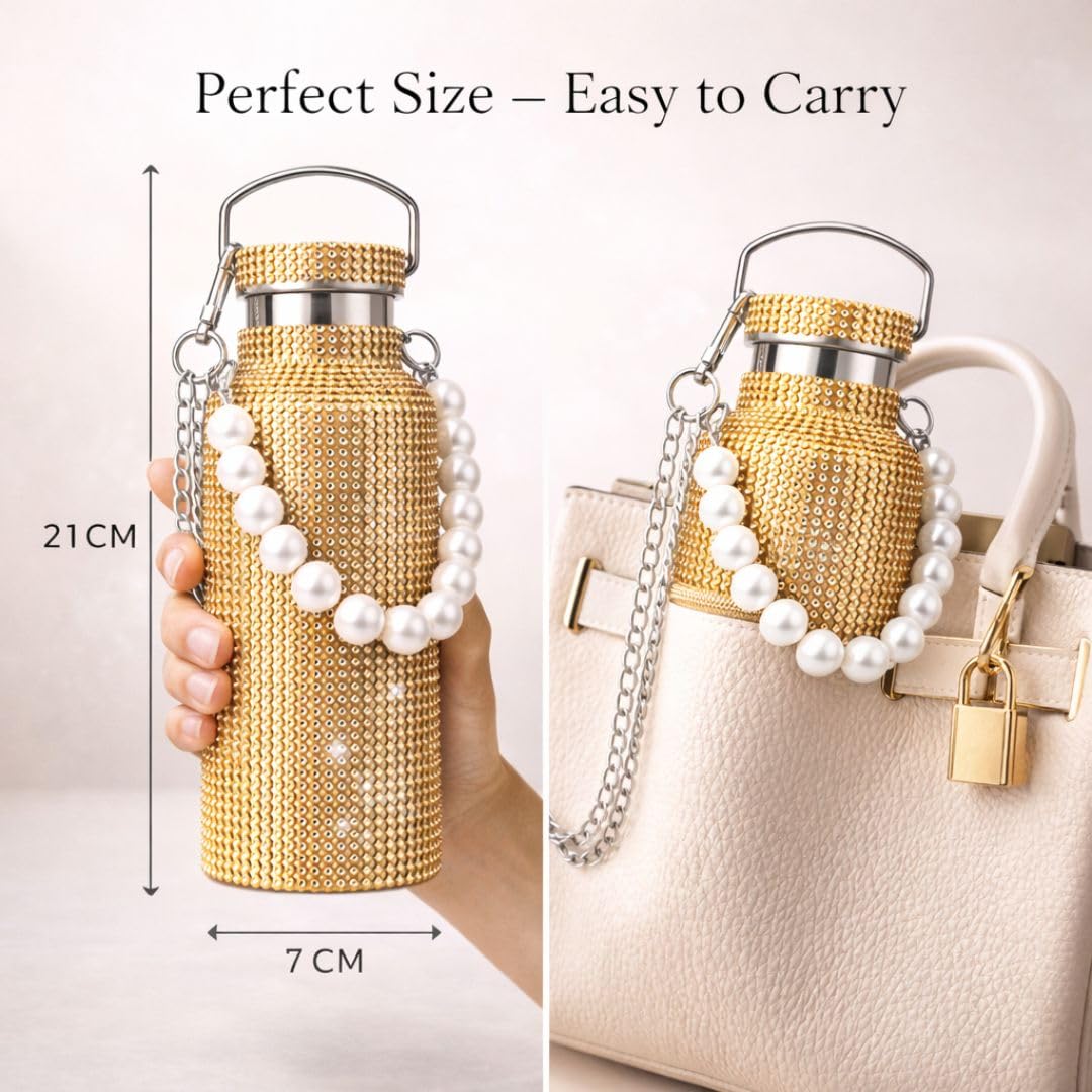 Sling Bling Water Bottle | 650ML | Stylish Insulated Bottle with Strap for Travel & Daily Use | Insulated with Silver Chain Strap & Pearl Charm | Birthday Anniversary Valentine Gift for Girlfriend Wife Sister