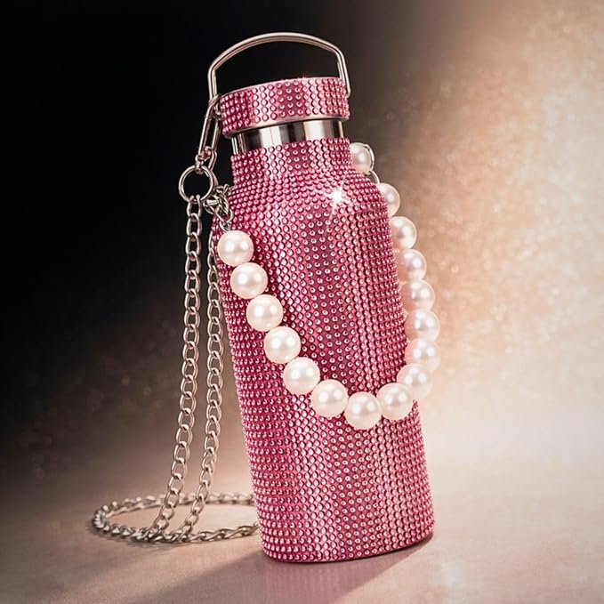 Sling Bling Water Bottle | 650ML | Stylish Insulated Bottle with Strap for Travel & Daily Use | Insulated with Silver Chain Strap & Pearl Charm | Birthday Anniversary Valentine Gift for Girlfriend Wife Sister