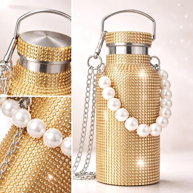 Sling Bling Water Bottle | 650ML | Stylish Insulated Bottle with Strap for Travel & Daily Use | Insulated with Silver Chain Strap & Pearl Charm | Birthday Anniversary Valentine Gift for Girlfriend Wife Sister