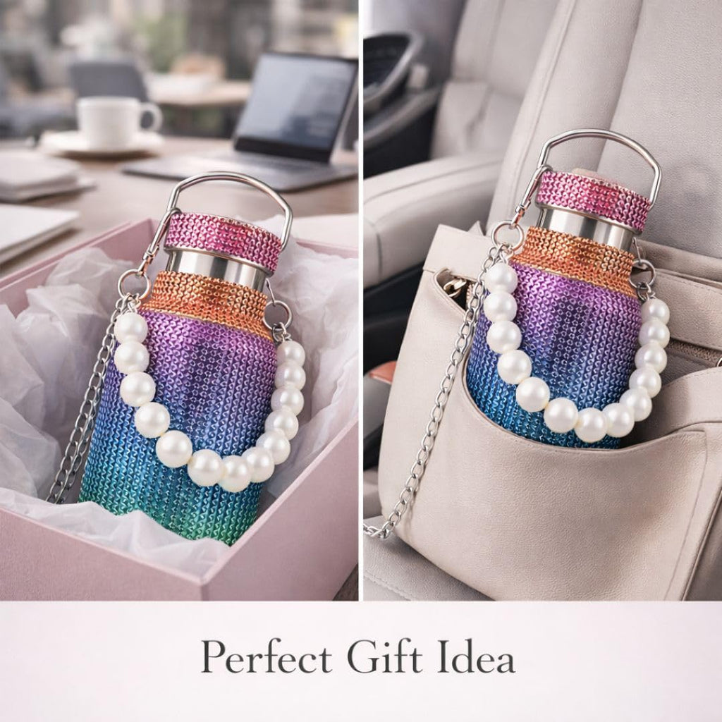 Sling Bling Water Bottle | 650ML | Stylish Insulated Bottle with Strap for Travel & Daily Use | Insulated with Silver Chain Strap & Pearl Charm | Birthday Anniversary Valentine Gift for Girlfriend Wife Sister
