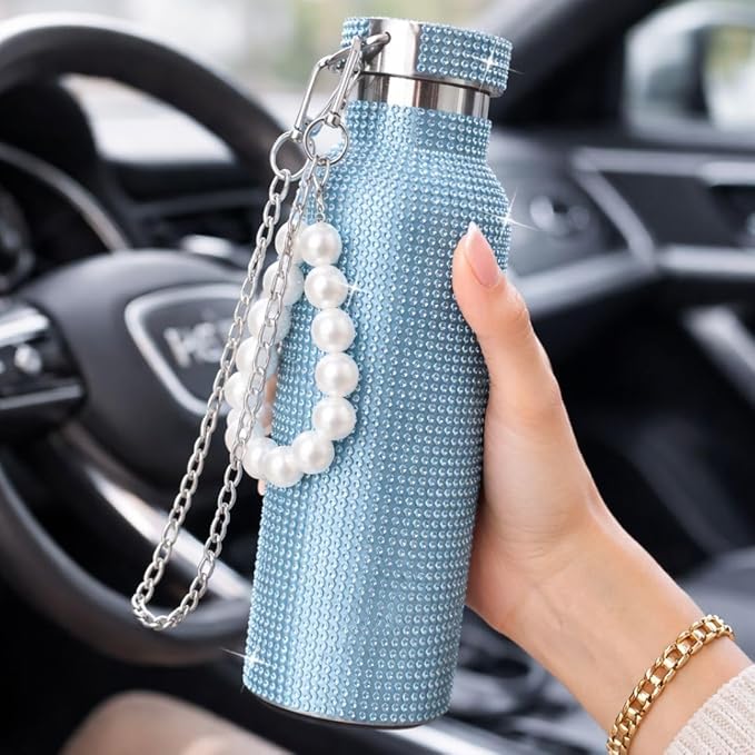 Sling Bling Water Bottle | 650ML | Stylish Insulated Bottle with Strap for Travel & Daily Use | Insulated with Silver Chain Strap & Pearl Charm | Birthday Anniversary Valentine Gift for Girlfriend Wife Sister