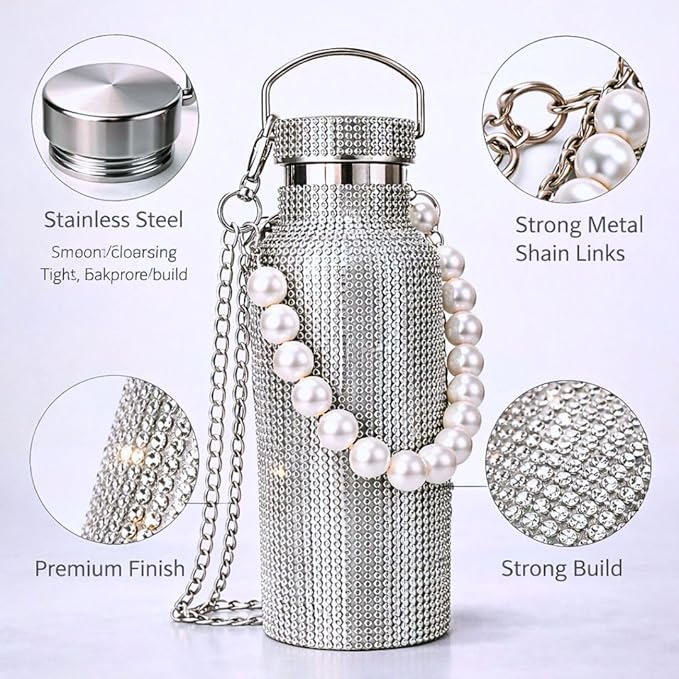 Sling Bling Water Bottle | 650ML | Stylish Insulated Bottle with Strap for Travel & Daily Use | Insulated with Silver Chain Strap & Pearl Charm | Birthday Anniversary Valentine Gift for Girlfriend Wife Sister