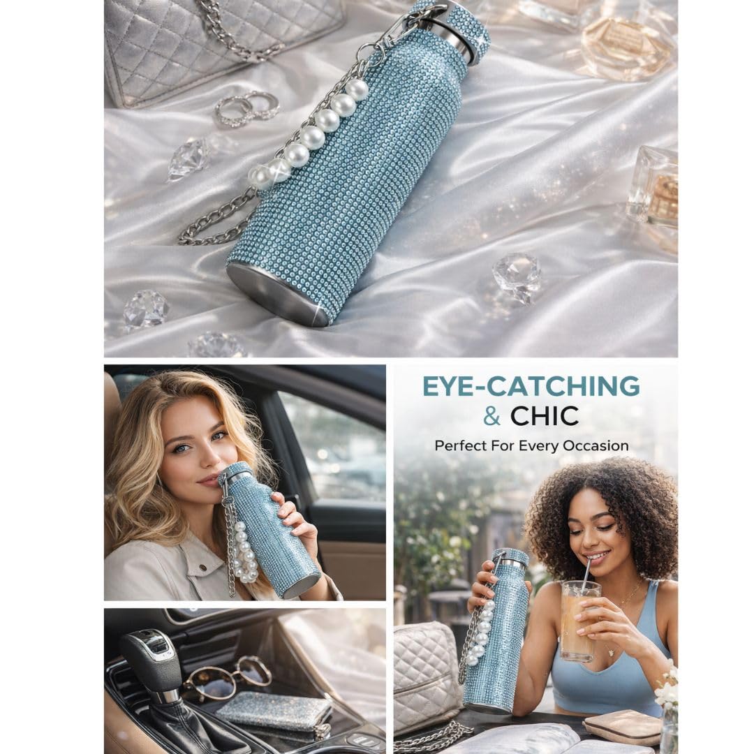 Sling Bling Water Bottle | 650ML | Stylish Insulated Bottle with Strap for Travel & Daily Use | Insulated with Silver Chain Strap & Pearl Charm | Birthday Anniversary Valentine Gift for Girlfriend Wife Sister