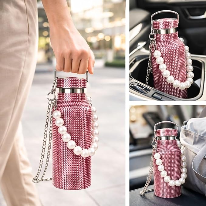 Sling Bling Water Bottle | 650ML | Stylish Insulated Bottle with Strap for Travel & Daily Use | Insulated with Silver Chain Strap & Pearl Charm | Birthday Anniversary Valentine Gift for Girlfriend Wife Sister