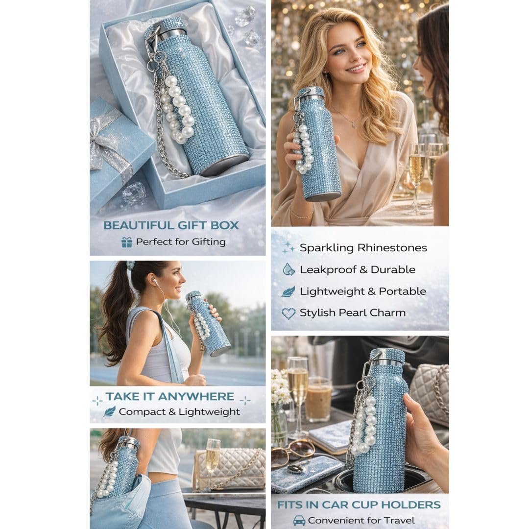 Sling Bling Water Bottle | 650ML | Stylish Insulated Bottle with Strap for Travel & Daily Use | Insulated with Silver Chain Strap & Pearl Charm | Birthday Anniversary Valentine Gift for Girlfriend Wife Sister