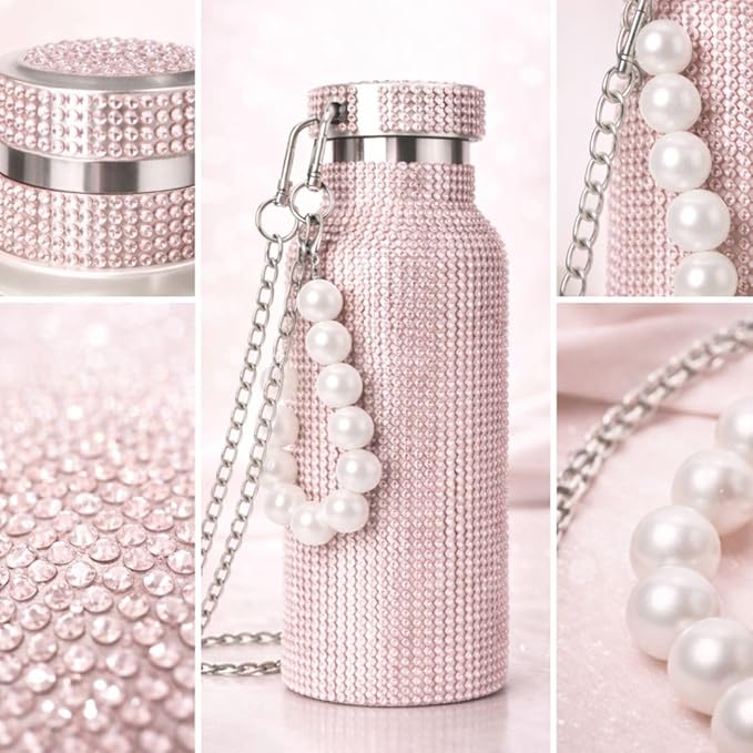 Sling Bling Water Bottle | 650ML | Stylish Insulated Bottle with Strap for Travel & Daily Use | Insulated with Silver Chain Strap & Pearl Charm | Birthday Anniversary Valentine Gift for Girlfriend Wife Sister
