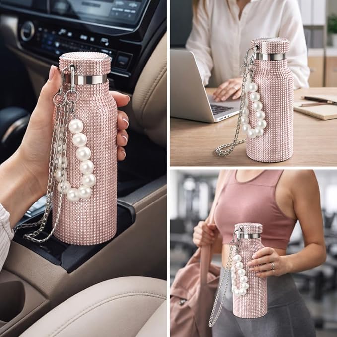 Sling Bling Water Bottle | 650ML | Stylish Insulated Bottle with Strap for Travel & Daily Use | Insulated with Silver Chain Strap & Pearl Charm | Birthday Anniversary Valentine Gift for Girlfriend Wife Sister