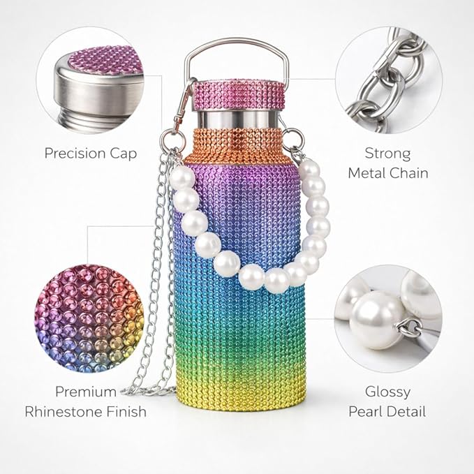Sling Bling Water Bottle | 650ML | Stylish Insulated Bottle with Strap for Travel & Daily Use | Insulated with Silver Chain Strap & Pearl Charm | Birthday Anniversary Valentine Gift for Girlfriend Wife Sister