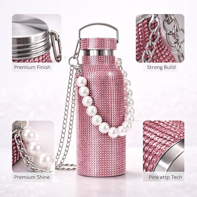Sling Bling Water Bottle | 650ML | Stylish Insulated Bottle with Strap for Travel & Daily Use | Insulated with Silver Chain Strap & Pearl Charm | Birthday Anniversary Valentine Gift for Girlfriend Wife Sister