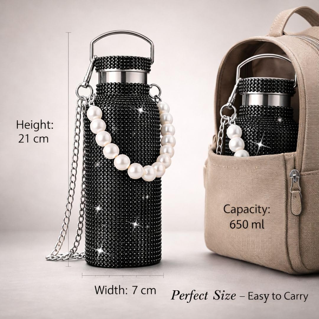 Sling Bling Water Bottle | 650ML | Stylish Insulated Bottle with Strap for Travel & Daily Use | Insulated with Silver Chain Strap & Pearl Charm | Birthday Anniversary Valentine Gift for Girlfriend Wife Sister