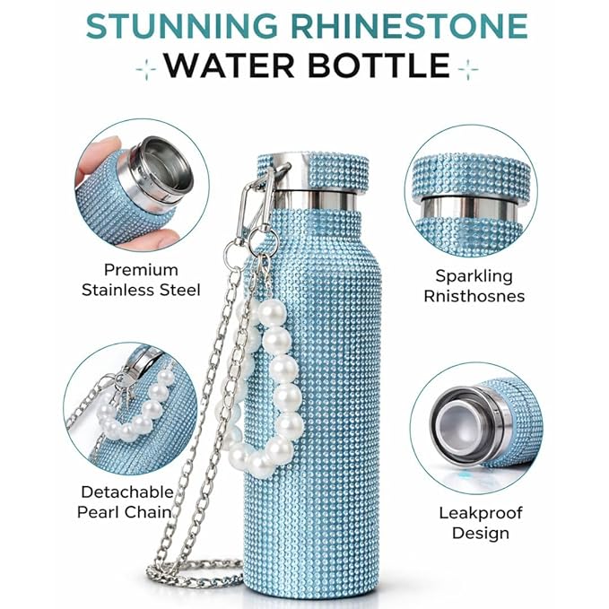 Sling Bling Water Bottle | 650ML | Stylish Insulated Bottle with Strap for Travel & Daily Use | Insulated with Silver Chain Strap & Pearl Charm | Birthday Anniversary Valentine Gift for Girlfriend Wife Sister