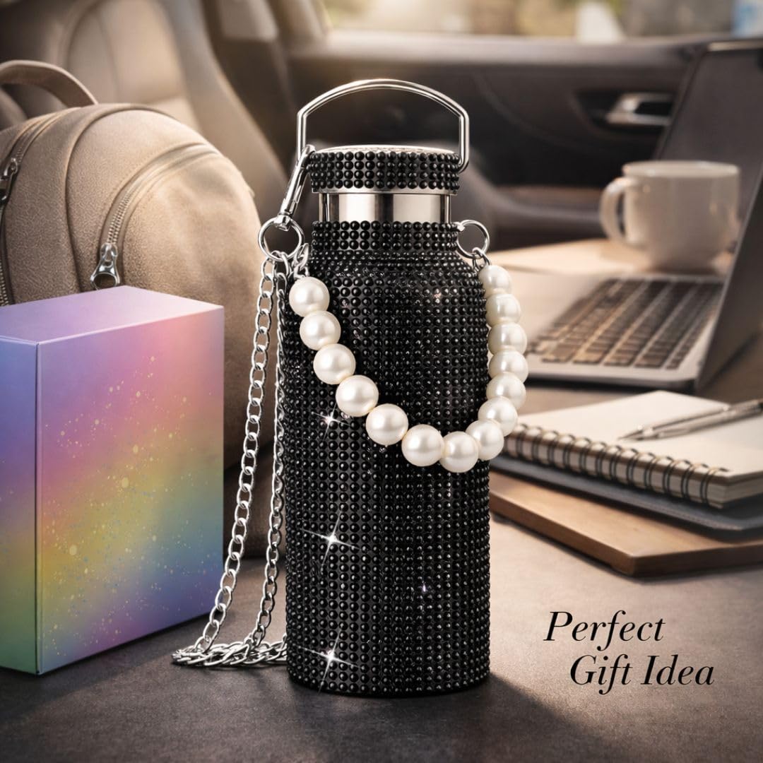 Sling Bling Water Bottle | 650ML | Stylish Insulated Bottle with Strap for Travel & Daily Use | Insulated with Silver Chain Strap & Pearl Charm | Birthday Anniversary Valentine Gift for Girlfriend Wife Sister